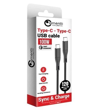 Cablu telefon LEMONTTI 100W SuperFast, USB Type-C la USB Type-C, negru, 1.2m, împletitură textilă