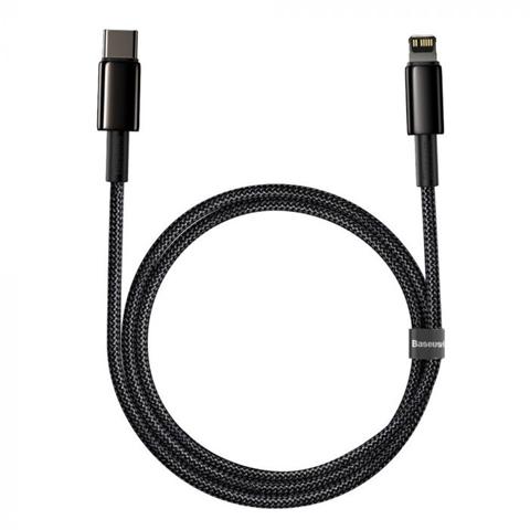 Cablu telefon pentru încărcare rapidă BASEUS, USB Type-C la Lightning, negru, 1 metru, cu împletitură textilă.