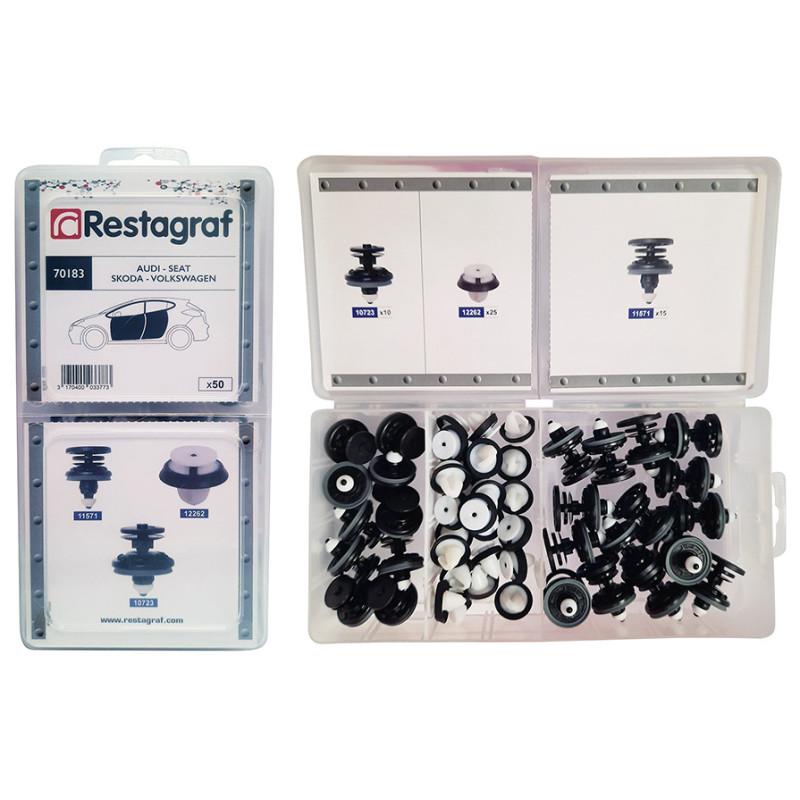 Set 50 clipsuri auto RESTAGRAF A70183 din plastic, compatibile cu Audi, Seat, Skoda, VW, cu cutie de depozitare