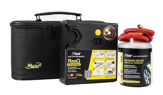 Set compresor auto și soluție de etanșare AIRMAN 71-051, 15 A, 180 W, 6-7 l/min, 2.5 bar, cu manometru, lampă, recipient de 450 ml, geantă de transport