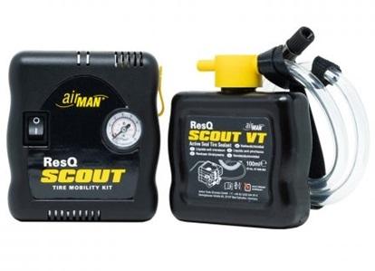 Set compresor auto și soluție pentru etanșare AIRMAN 76-086, 15 A, 96 W, cu manometru, accesorii de umflare, recipient de 100 ml, geantă de transport