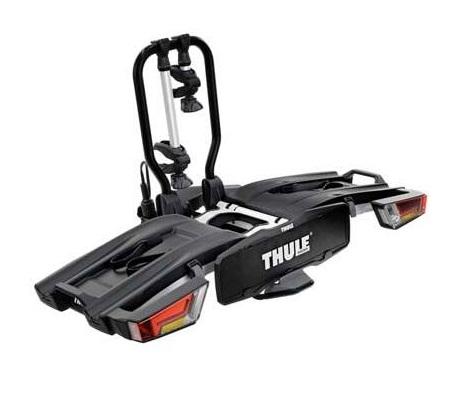 Suport auto recondiționat pentru două biciclete THULE EasyFold XT 933100, montare pe cârlig, sistem antifurt pentru biciclete și suport, conectare prin cablu cu mufă de 13 pini.