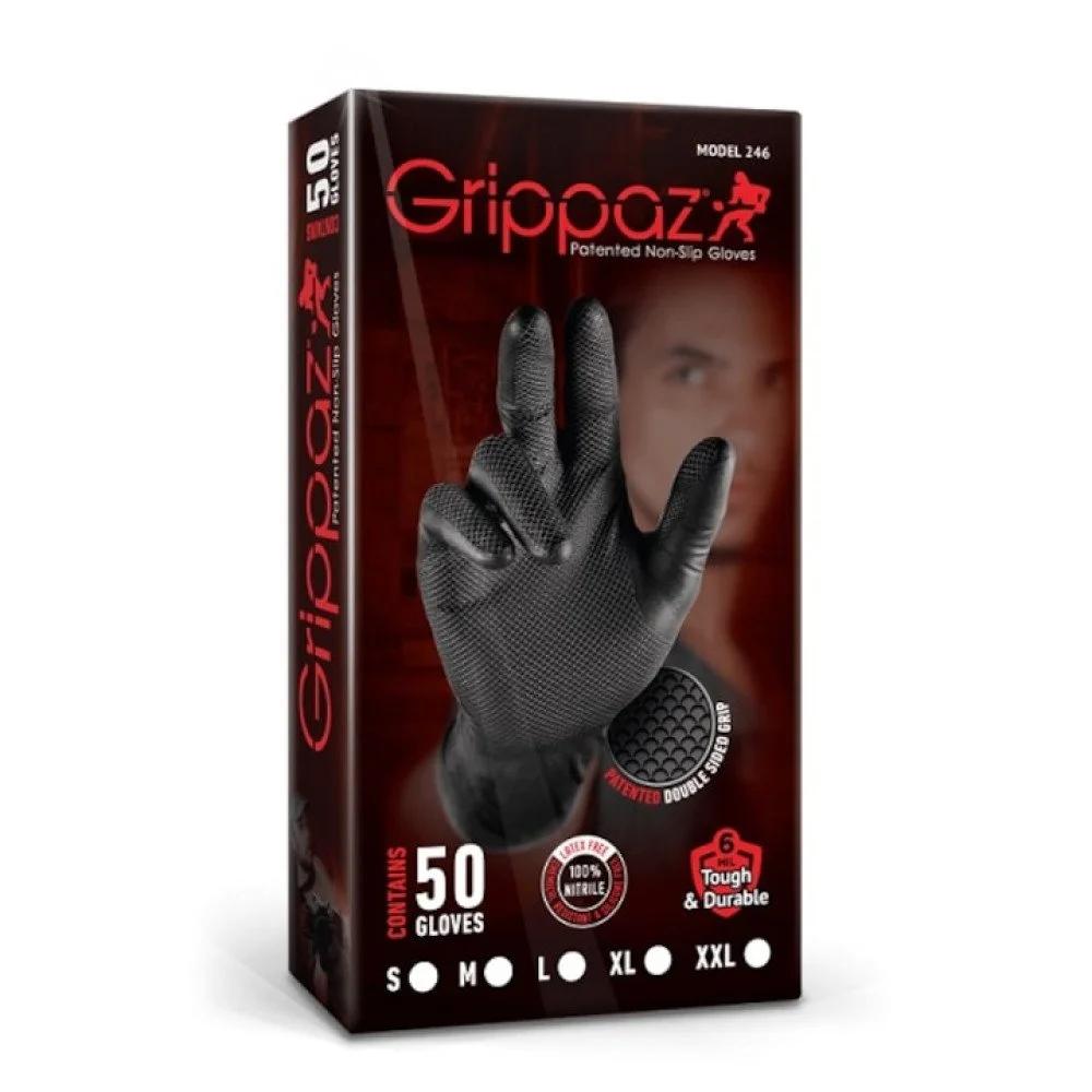 Set 50 mănuși de protecție texturate, antialunecare, GRIPPAZ AD-00-0026, nitril, negre, mărimea 8/M