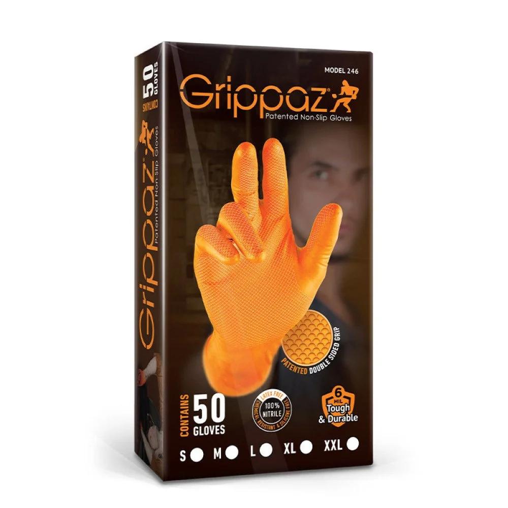 Set 50 mănuși de protecție texturate antialunecare, GRIPPAZ AD-00-0031, nitril portocaliu, mărimea 8/M
