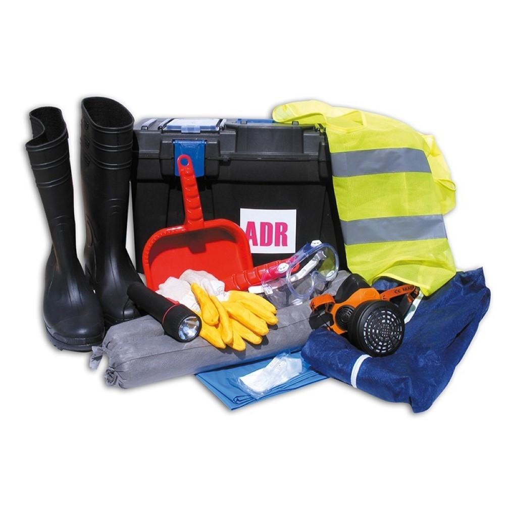 Set de siguranță auto HICO ADR004, cutie din plastic, cizme de protecție, vestă reflectorizantă, ochelari de protecție, combinezon, lanternă, mască