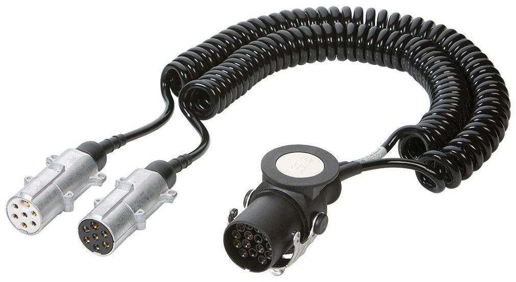 Cablu electric spiral VIGNAL 7P-15P D11487VIG, model 24N + S, cu adaptor metalic de la 15 pini la 2 x 7 pini, conform ISO12098, pentru remorci auto.