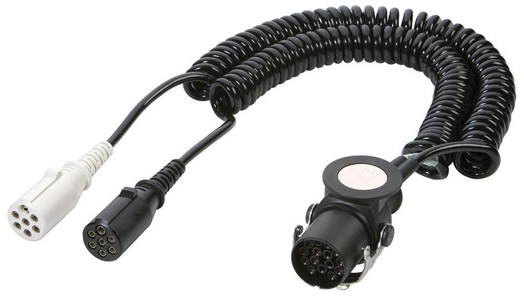 Cablu electric spiralat pentru remorci VIGNAL 7P-15P, model D14689VIG, cu adaptor de la 15 pini la 2 x 7 pini, tip 24N + tip S, ISO12098, composit
