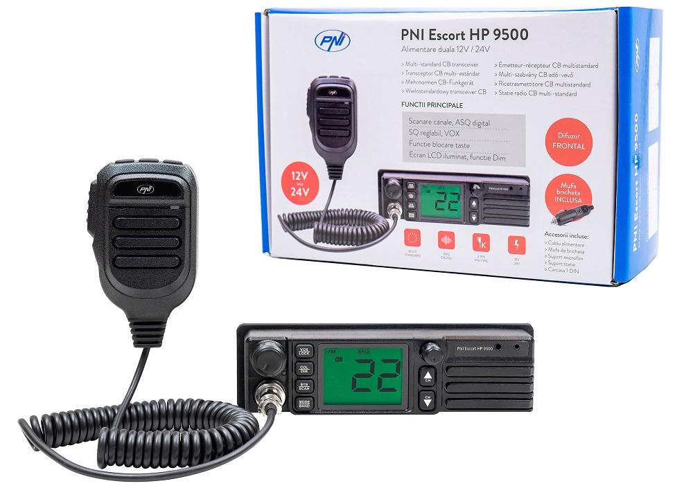 Stație radio CB PNI Escort HP 9500, multistandard, cu difuzor frontal, funcții ASQ, VOX și Scan, putere 4W, moduri AM-FM, alimentare 12V, cu mufă de brichetă inclusă.
