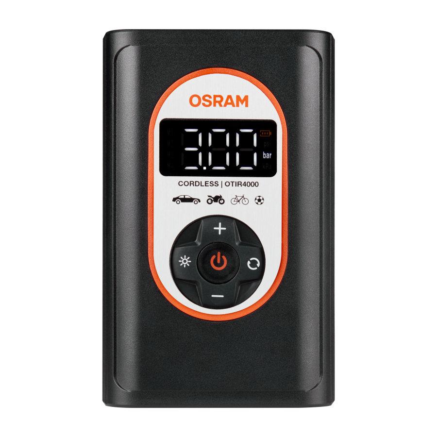 Compresor auto OSRAM TYREinflate 4000, model OTIR4000, alimentare 12V, acumulator 7.4V, putere 120/90W, presiune maximă 8.3 bar, debit 9-15 l/min, cu afișaj digital