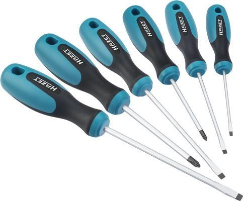 Set de 6 șurubelnițe HAZET HZ810/6, 4 cu profil drept, 1 cu profil PH1, 1 cu profil PH2, ambalate în cutie de carton