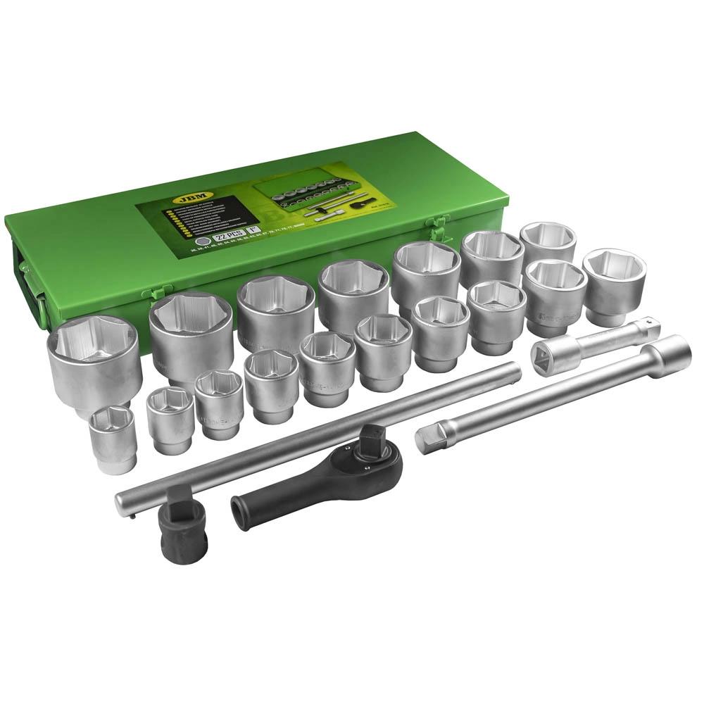 Trusă 22 Chei Tubulare JBM 51616, Profil Hexagonal, Deschidere 36-80 mm, Cheie Clichet 1 Inch, Lungime 650 mm, Adaptor de Forță și Prelungitoare