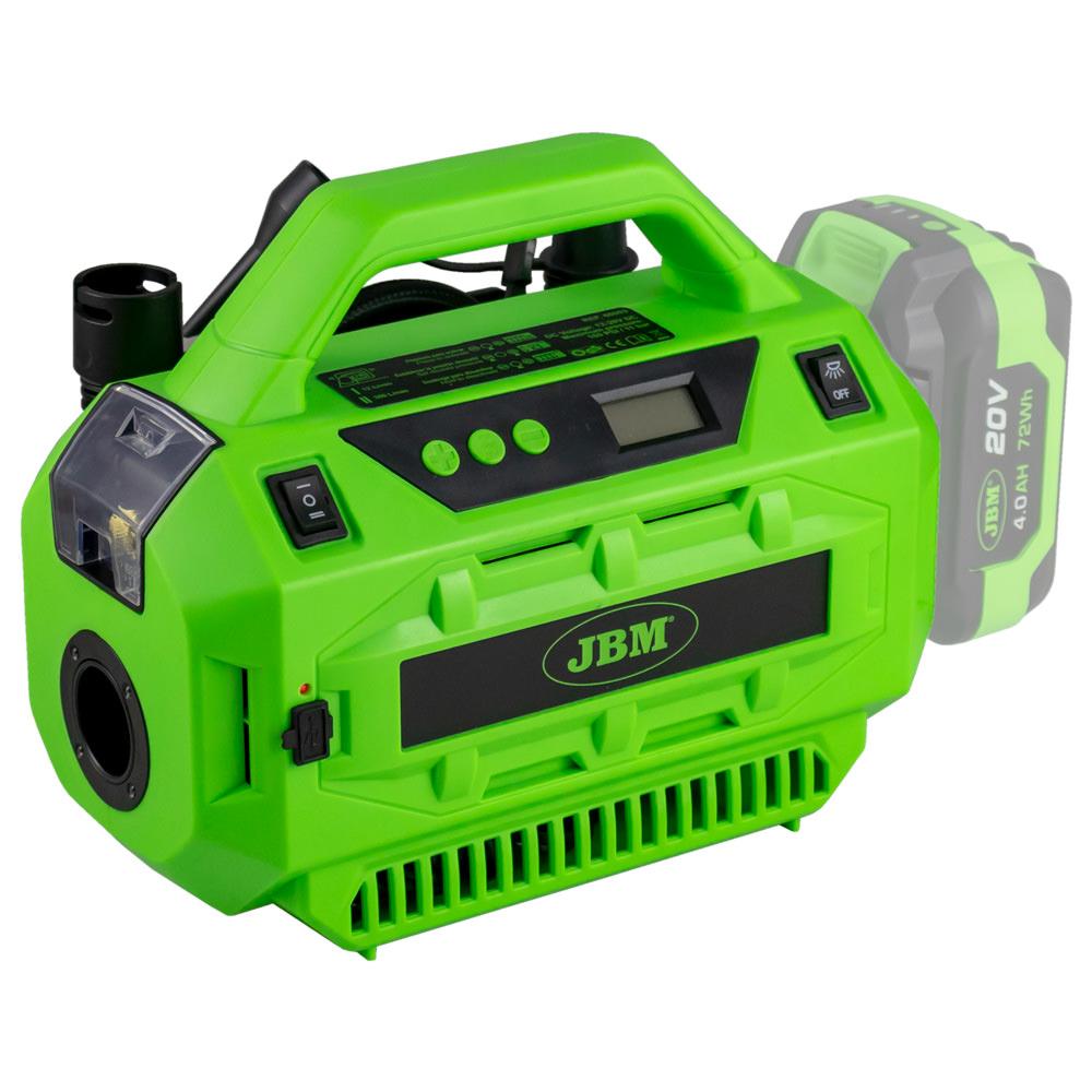 Compresor de Aer JBM 60003, Alimentare 12V pentru Priză Auto sau Acumulator 20V, Presiune Maximă 11 Bar, Debit 380 L/min, Fără Acumulator Inclus