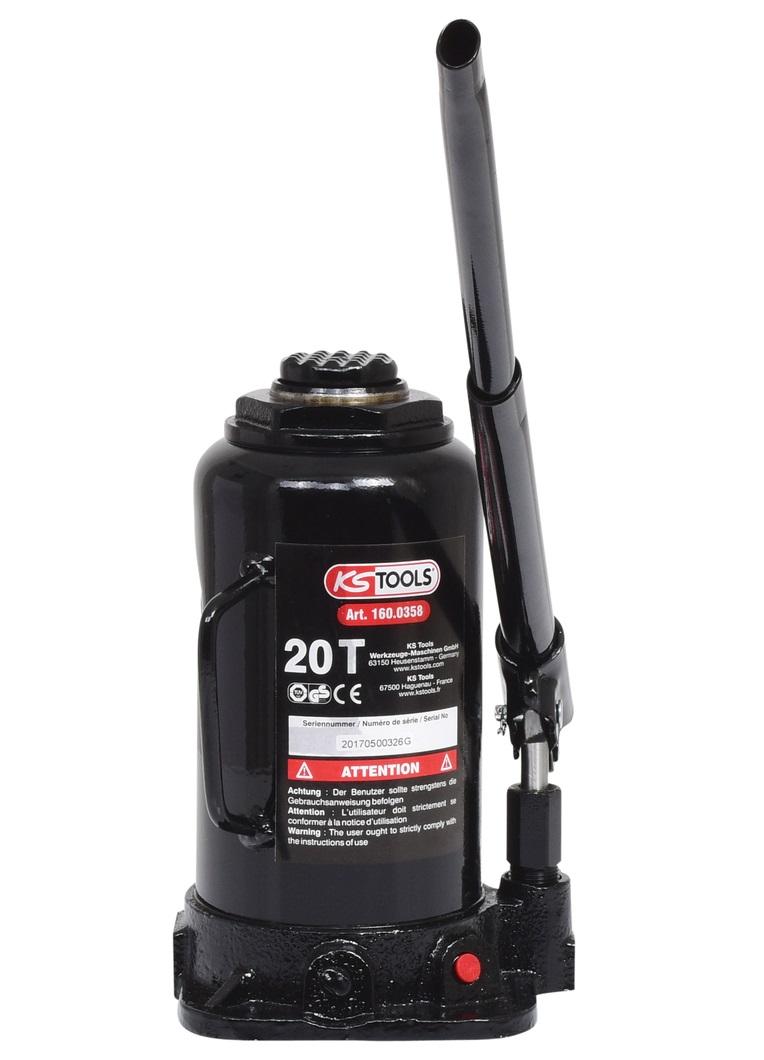 Cric hidraulic auto KS TOOLS 160.0358, capacitate 20 tone, înălțime ajustabilă 242-452 mm, cu flanșe, culoare neagră