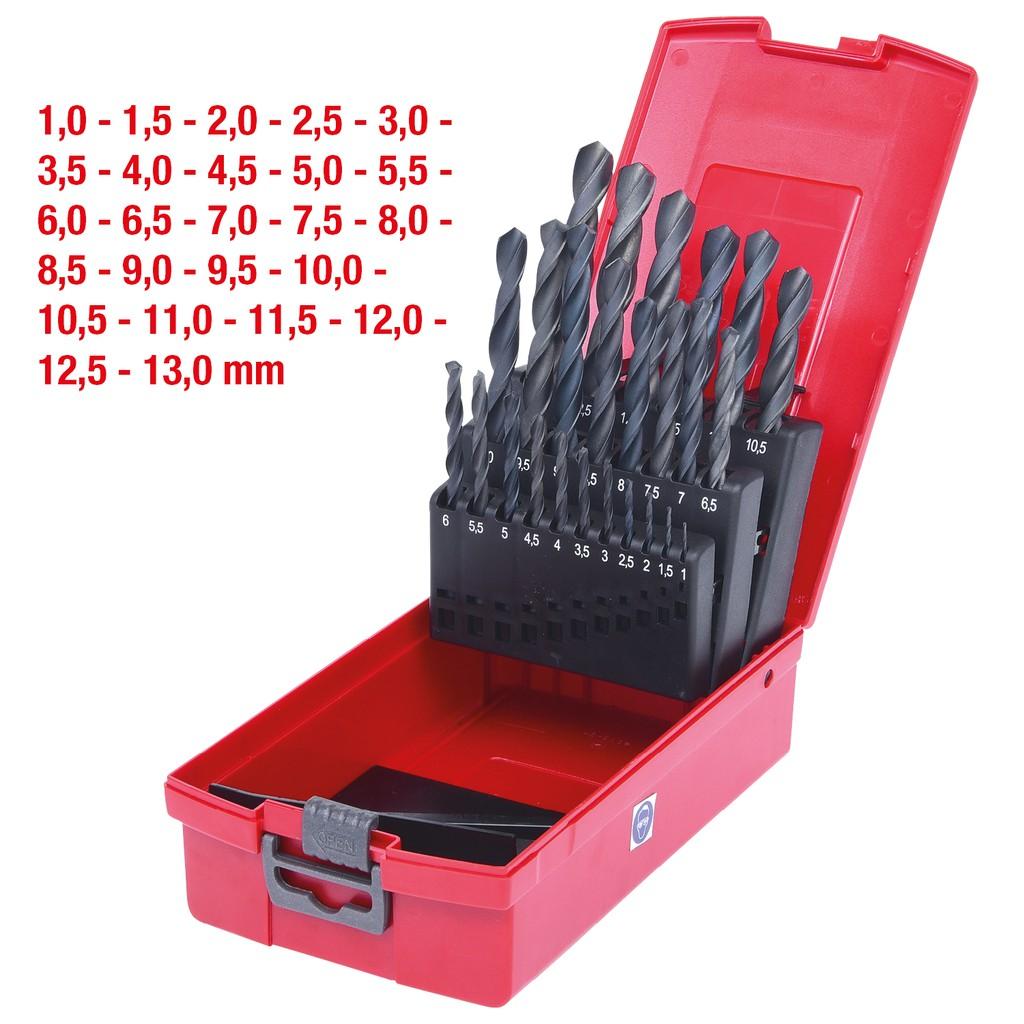 Set de burghie spiralate HSS-R, 25 piese (1-13mm), în casetă de plastic