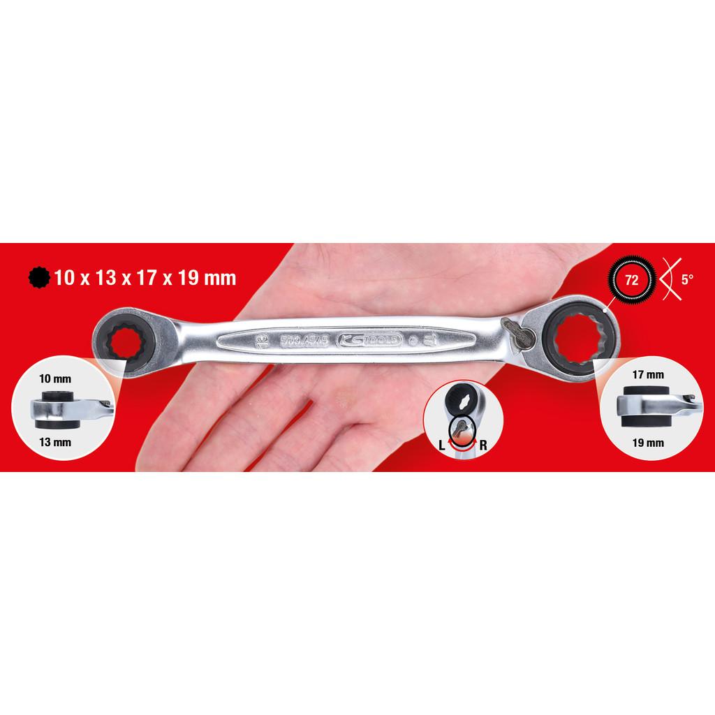 Cheie dublă inelară cu clichet GEARplus 4 în 1, dimensiuni 10x13x17x19 mm, cu schimbare de direcție