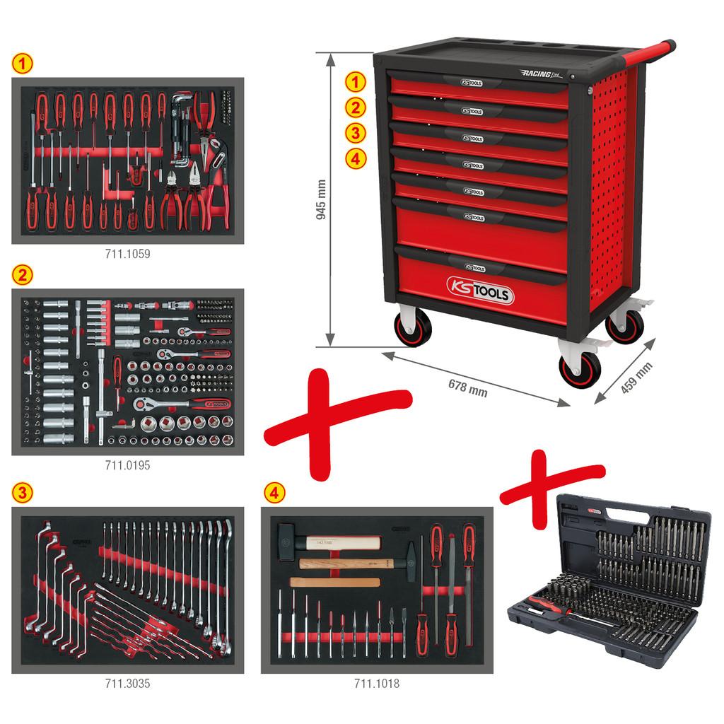 Cărucior de Atelier RACINGline Negru/Roșu cu 7 Sertare și 515 Unelte Premium