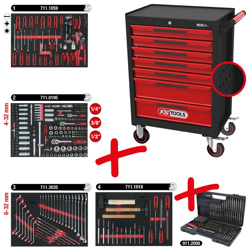 Cărucior de Atelier ECOline Negru/Roșu cu 7 Sertare și 515 Unelte Premium