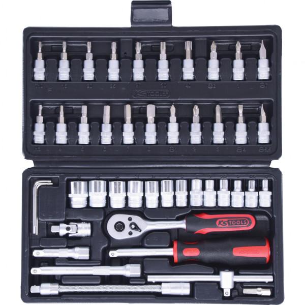 Set de 46 piese KS TOOLS 911.0646, cu antrenor pătrat de 1/4 inch, include capete tubulare, chei imbus, biți de înșurubare, oțel crom-vanadiu, în cutie de plastic