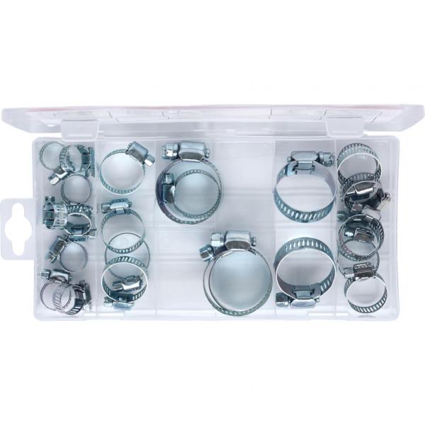 Set de 26 coliere metalice pentru furtune KS TOOLS 970.0070, diametru ajustabil 16-40 mm, ambalate în cutie de plastic