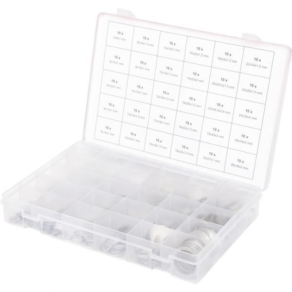 Set de 150 de șaibe de etanșare din aluminiu KS TOOLS 970.0160, diametru între 5 și 28 mm, în cutie de plastic