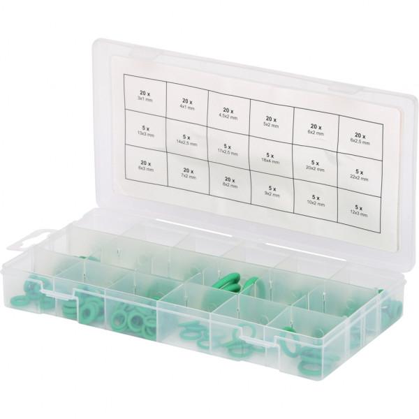 Set de 225 garnituri O-ring KS TOOLS 970.0260, din cauciuc HNBR, diametru interior de 3-22 mm, în cutie de plastic
