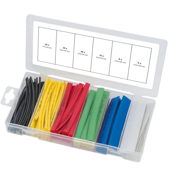 Set de 100 Tuburi Termocontractabile KS TOOLS 970.0540, Rata de Contracție 2:1, Culori Diverse, Cutie din Plastic