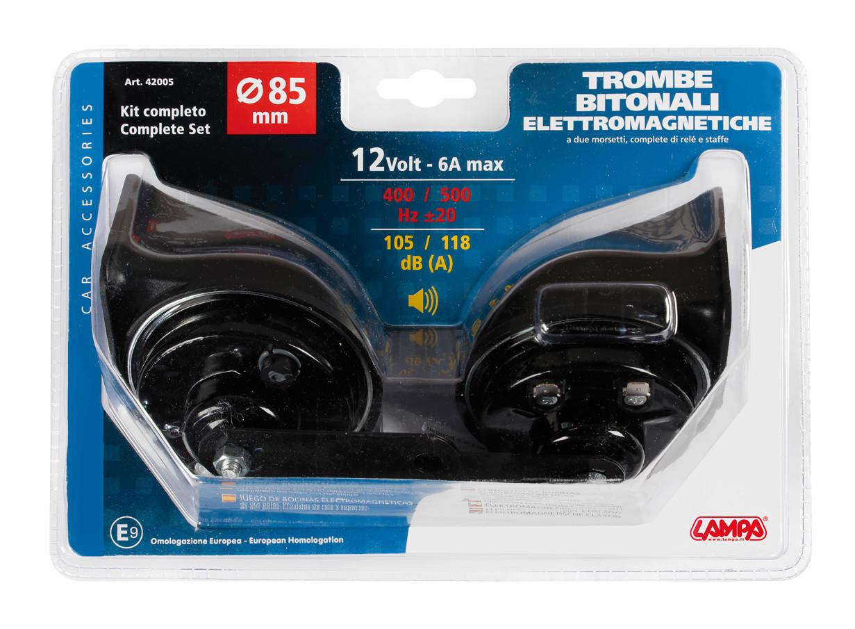 Set de 2 claxoane electromagnetice LAMPA LAM42005, diametru 85 mm, alimentare 12V, 6A, putere sonoră 105/118 dB, frecvență 400/500 Hz.