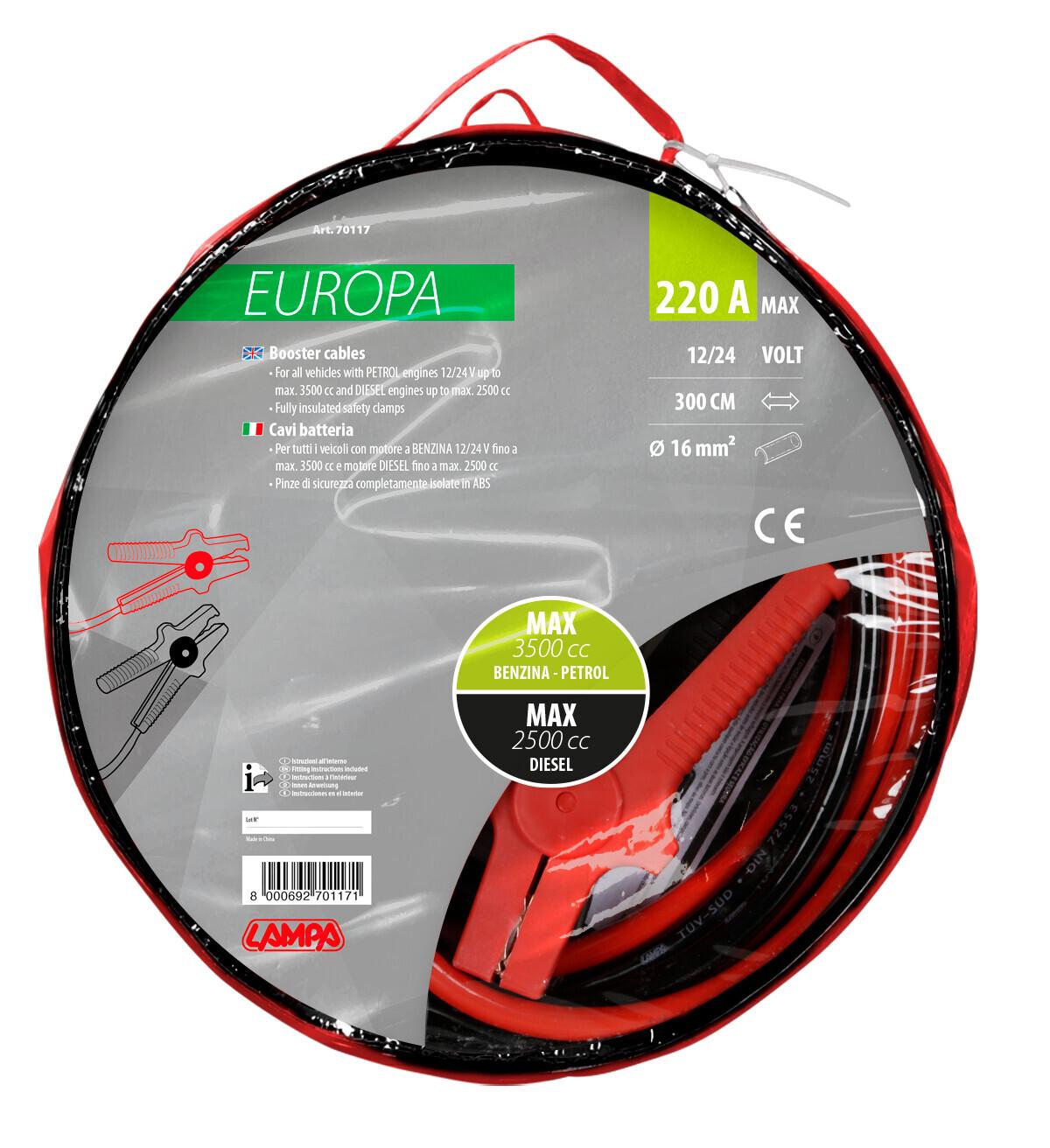 Set cabluri de alimentare pentru baterie LAMPA EUROPA LAM70117, lungime 300 cm, 230A, secțiune 16 mm², cleme izolate din ABS