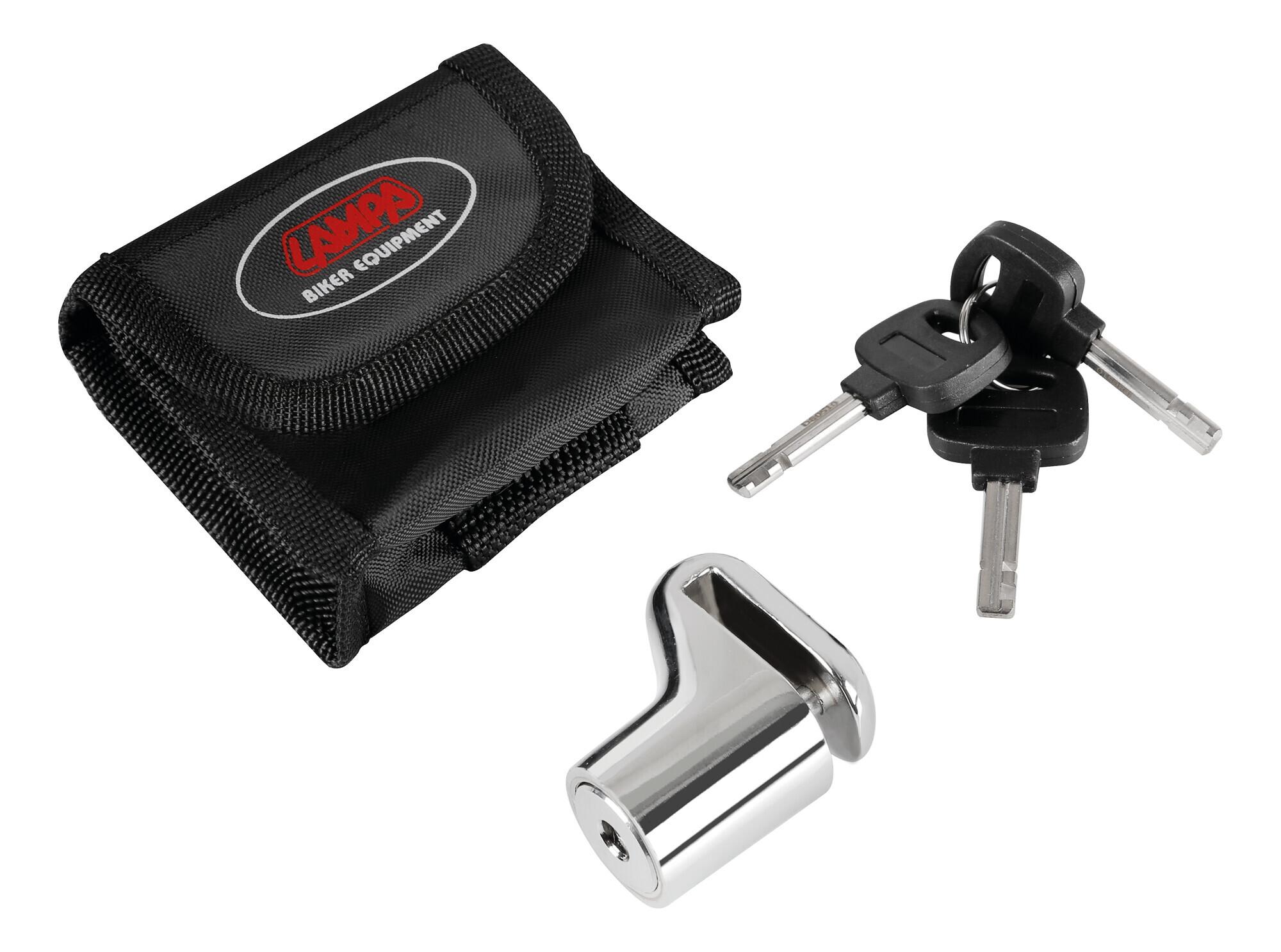 Antifurt pentru motocicletă cu blocare pe disc de frână LAMPA Bite LAM90626, bolt de 5,5 mm, oțel călit, sistem push-to-lock, husă și 3 chei incluse