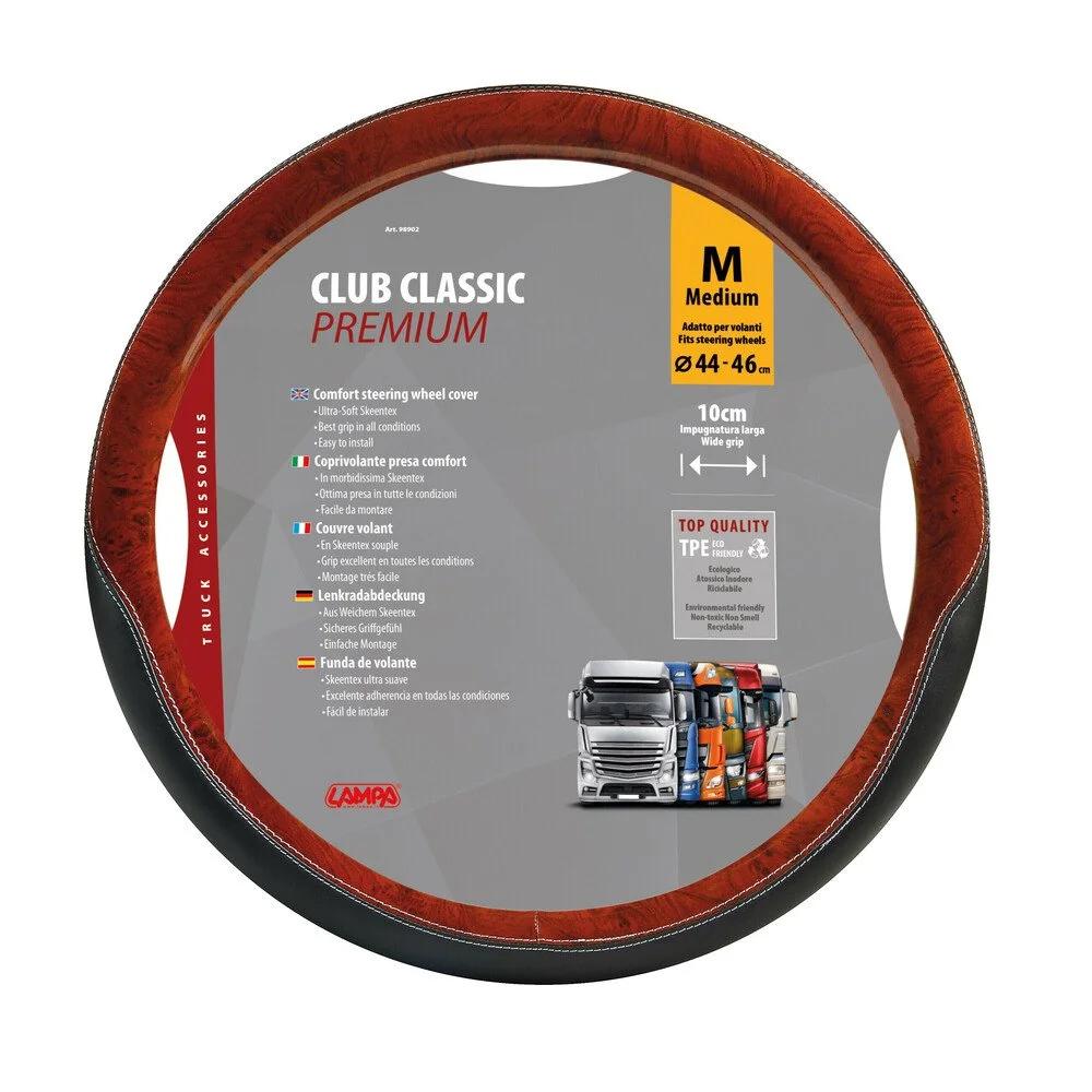 Husă din piele ecologică pentru volan de camion LAMPA Club, cu inserții de boabe de nucă, compatibilă cu volane de 44-46 cm, negru-lemn, model LAM98902