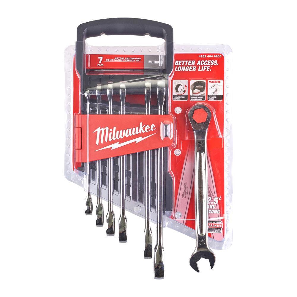 Set de 7 Chei Combinate cu Clichet Milwaukee MAX BITE™, Sistem Metric (Dimensiuni: 8mm, 10mm, 12mm, 13mm, 14mm, 15mm, 17mm) - Cod 4932464993