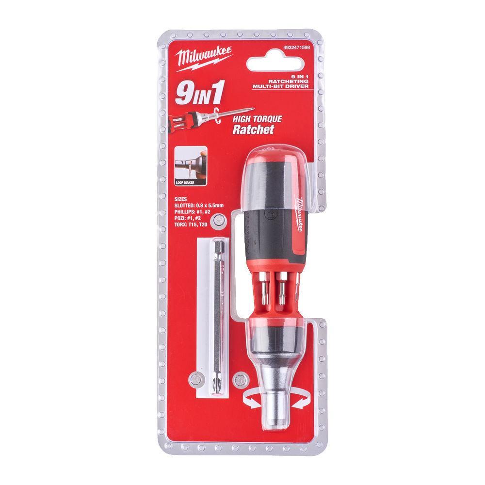Șurubelniță cu Clichet Milwaukee 9-in-1, Universală, Incluzând Biți PH1, PH2, PZ1, PZ2, TX15, TX20, SL0.8 x 5.5 mm, Cod 4932471598