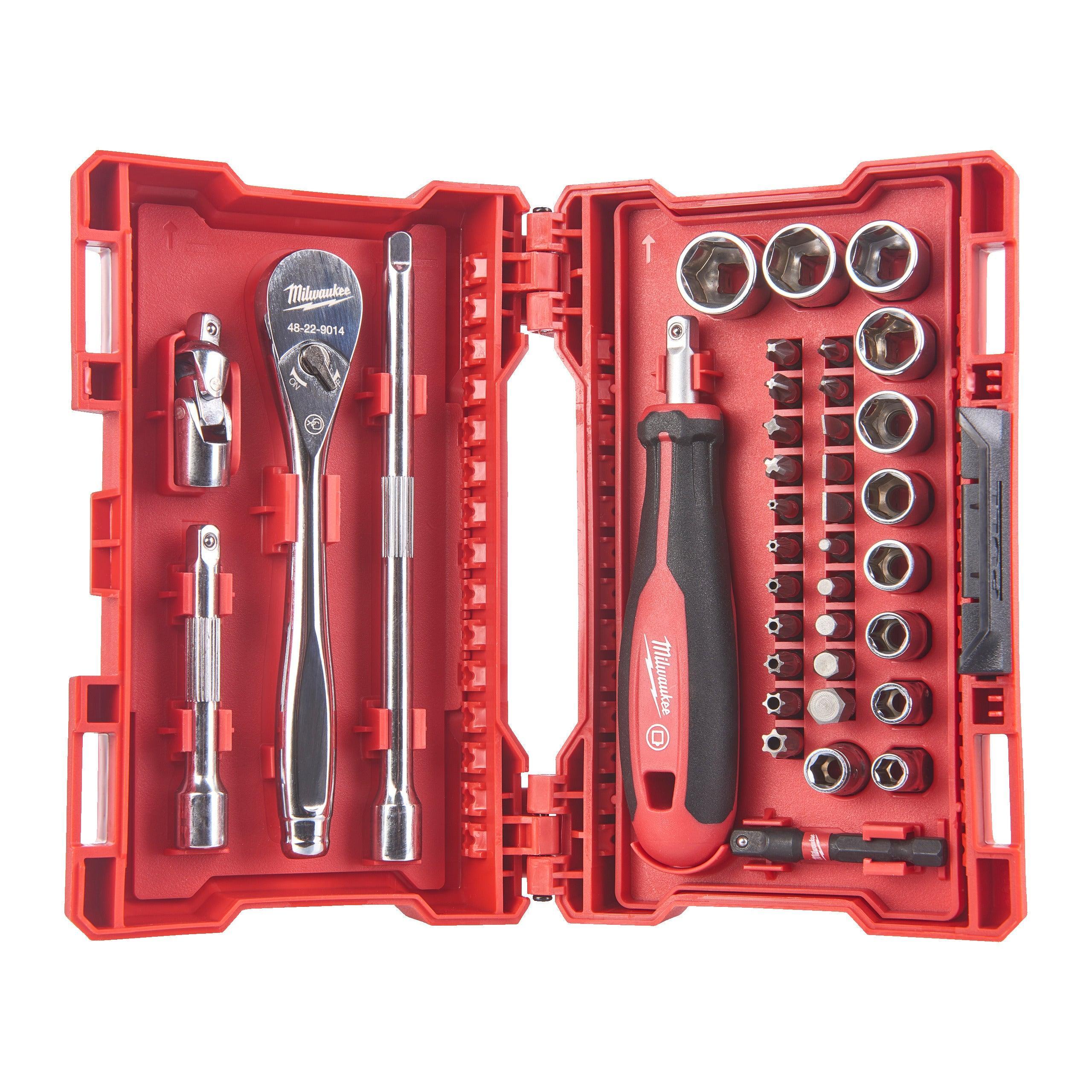 Set de chei tubulare și clichet Milwaukee cu inserție de spumă, 1/4, 38 de piese, cod 4932479096