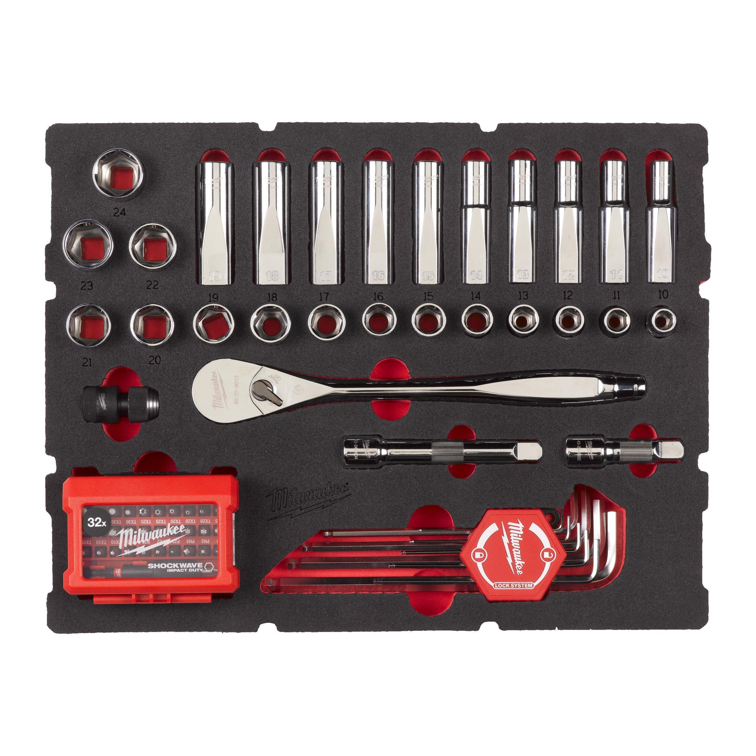 Set de inserție din spumă cu chei tubulare pentru cutia cu sertare PACKOUT™ - Include clichet 1/4'' și set de șurubelnițe