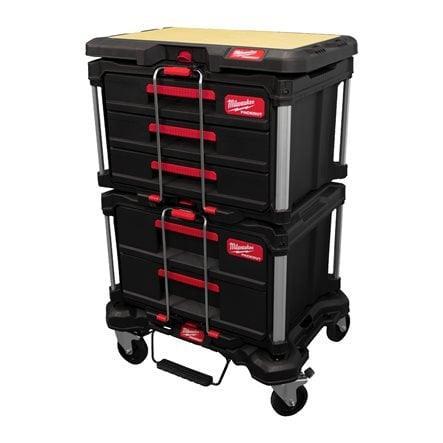 Set de transport Milwaukee Packout™: include cutie cu 2 sertare, cutie cu 3 sertare și cărucior tip troller, cod 4932492892