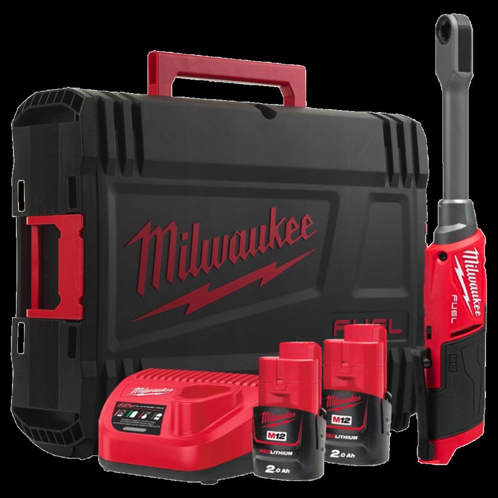 Cheie cu clichet Milwaukee M12 FPTR-202X FUEL™ INSIDER™ PASS-THROUGH, cu 2 acumulatori M12 B2, încărcător C12 C și cutie de transport HD, cod produs 4933499411