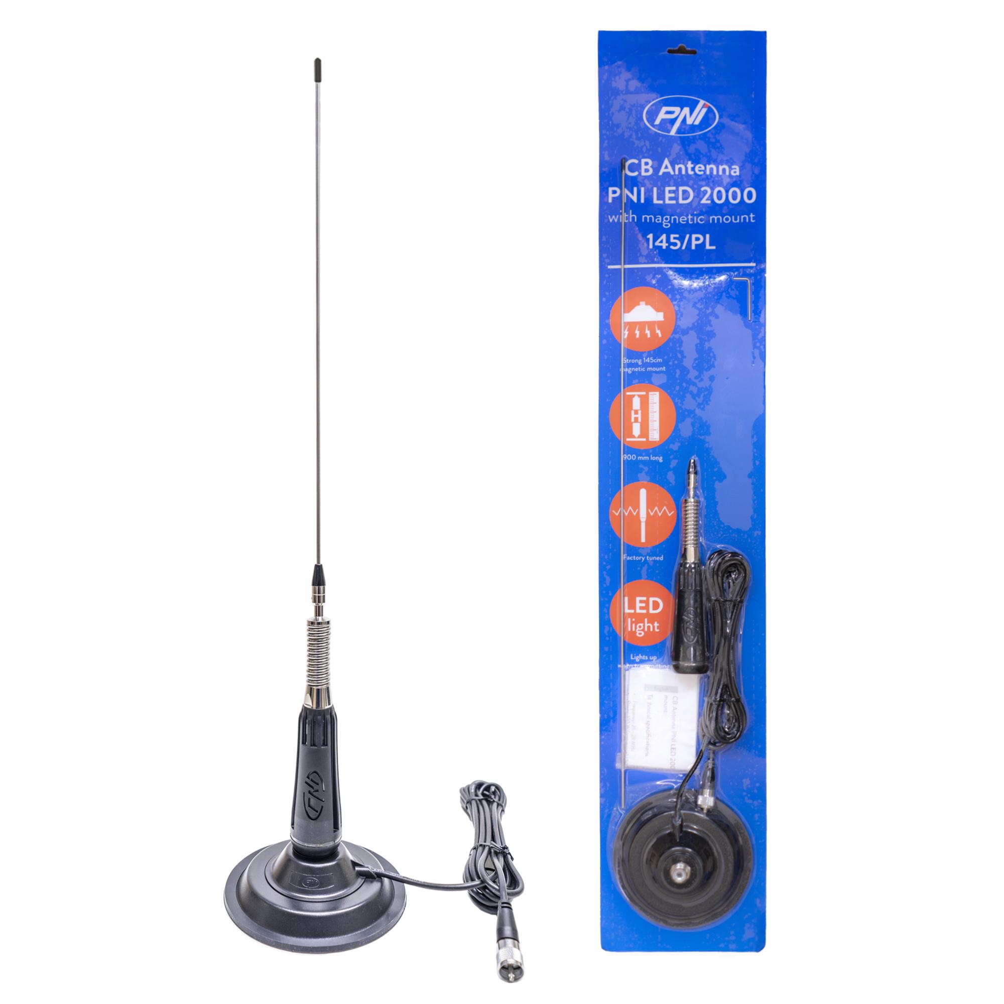 Antena CB PNI LED 2000, 90 cm, cu bază magnetică de 145 mm, frecvență 26-28 MHz, putere maximă 500 W