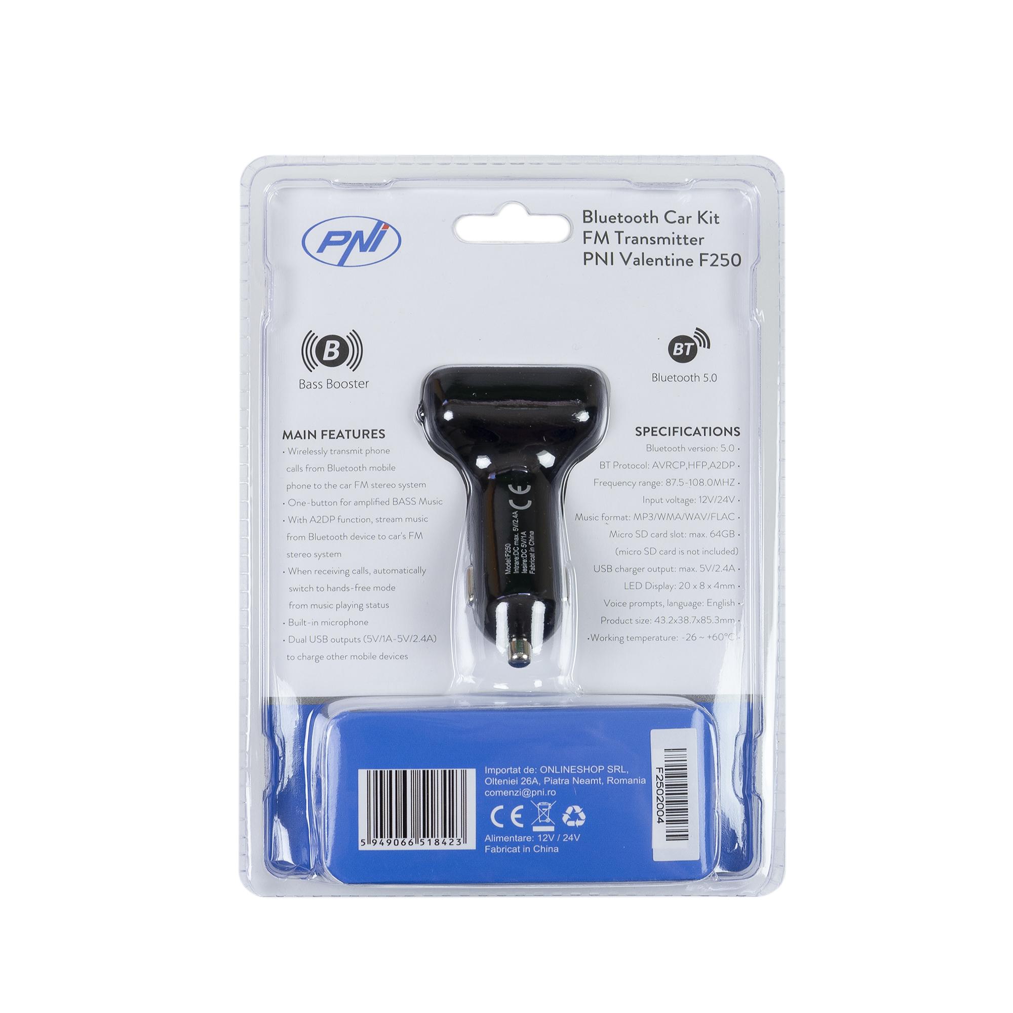 Modulator FM PNI Valentine F250 cu Bluetooth, MP3, FM și Slot microSD, Model OSC-PNI-F250