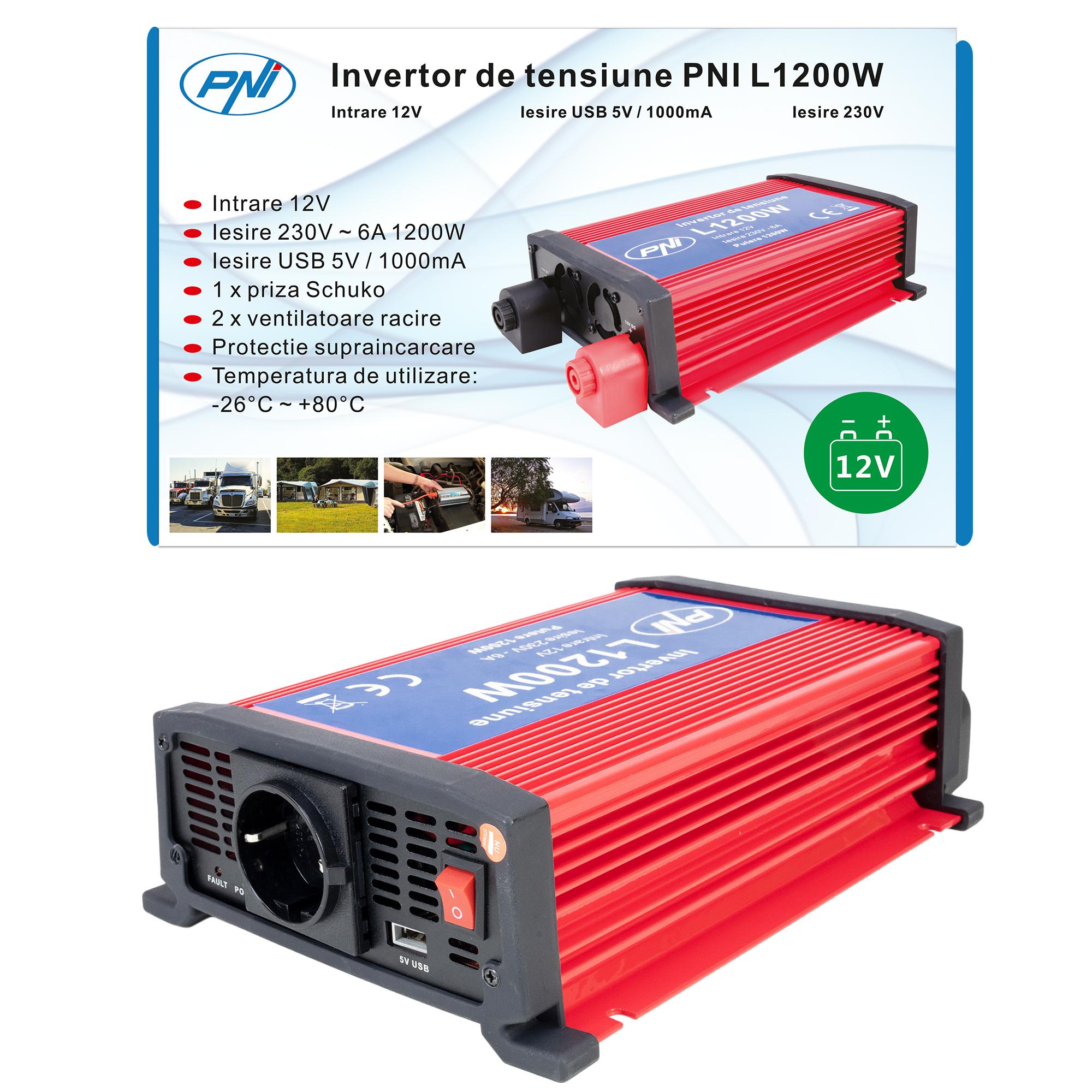 Invertor de tensiune PNI L1200W, 12V intrare, 230V ieșire