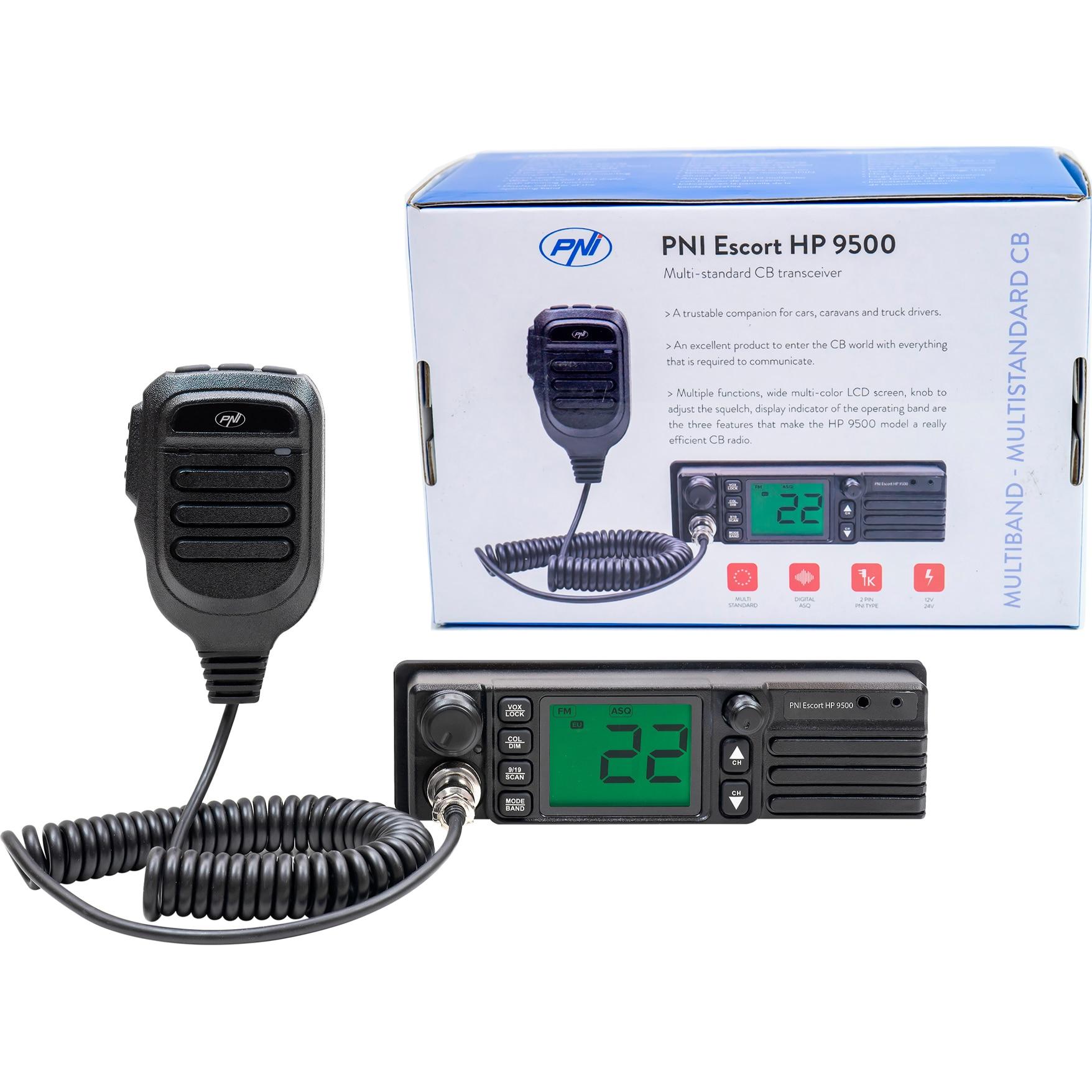 Stație Radio CB PNI Escort HP 9500, Multistandard, ASQ, VOX, Scanare, 4W, AM/FM, Alimentare 12V/24V, Cu Adaptor pentru Priză de Brichetă Inclus