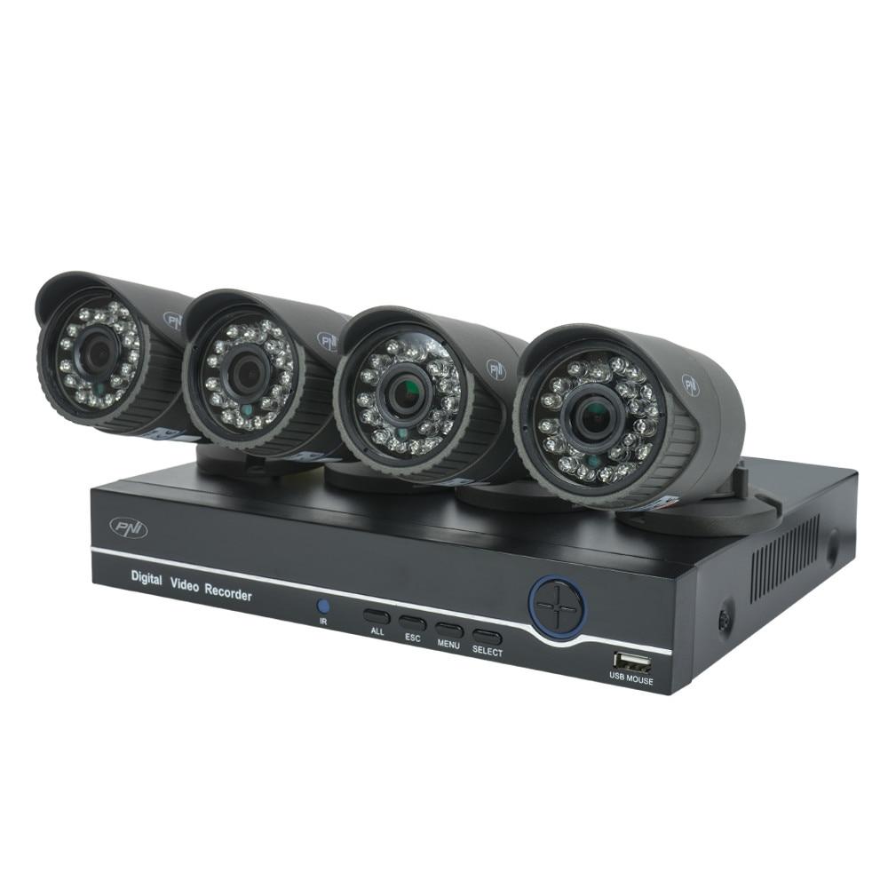Kit de Supraveghere Video PNI PTZ1200 cu 4 Camere Full HD și NVR de 4 Canale, Culoare Negru