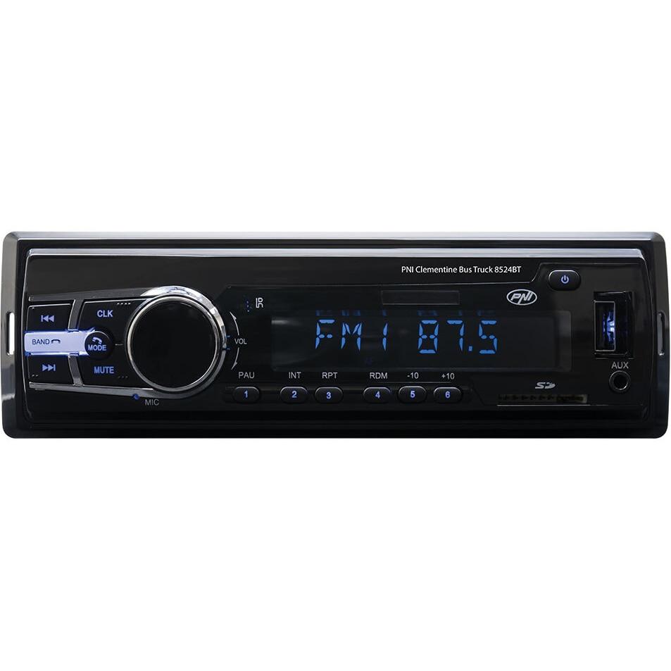 Radio MP3 Player Auto PNI Clementine Bus Truck 8524BT, 4x45W, 12V/24V, 1 DIN, cu SD, USB, AUX, RCA și Bluetooth (Compatibil 24V)