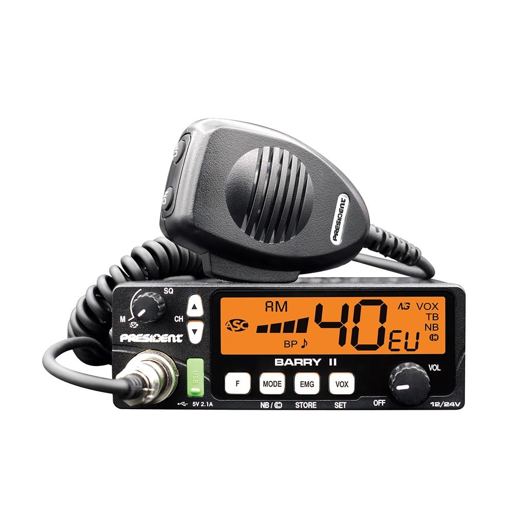 Stație Radio CB President BARRY II ASC AM/FM, cu Roger Beep, Filtru de Zgomot NB/ANL, Port USB, Compatibilă 12V/24V
