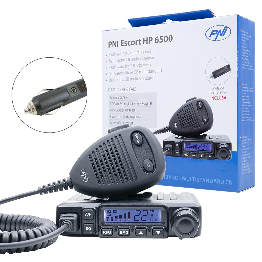 Stație Radio CB PNI Escort HP 6500, Multi-standard, 4W, AM/FM, 12V, ASQ, RF Gain, Cu Adaptor pentru Priză Auto Inclus