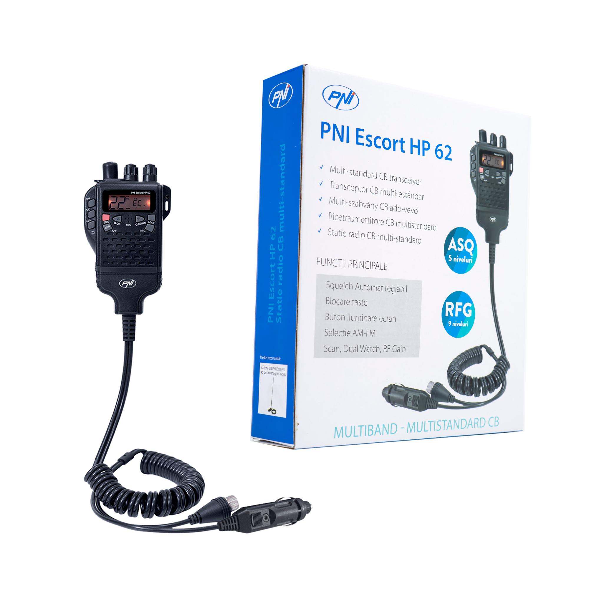 Stație Radio CB Portabilă PNI Escort HP 62, Multistandard, 4W, 12V, AM/FM, ASQ Reglabil în 5 Trepte, RF Gain în 9 Trepte, Funcții Dual Watch, Scanare și Blocare