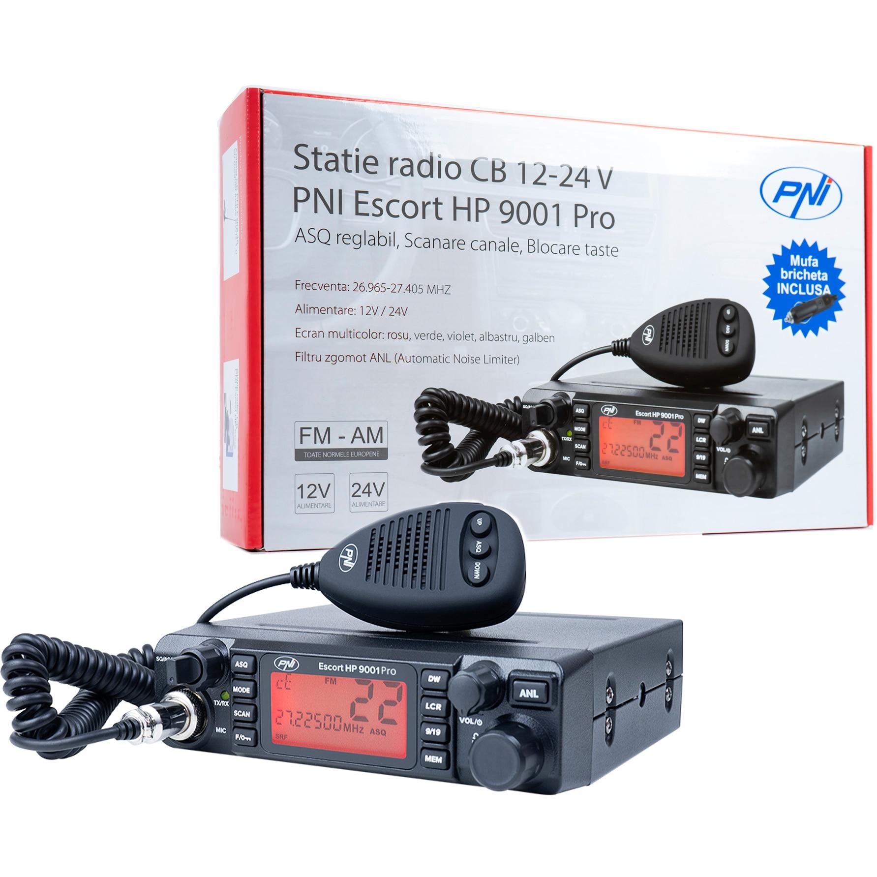 Stație Radio CB PNI Escort HP 9001 PRO, ASQ Reglabil, AM/FM, 12V/24V, 4W, Scanare, Dual Watch, ANL