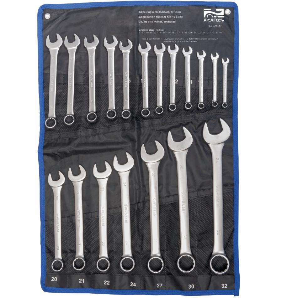 Set de 19 Chei Combinate SW-Stahl SW00919L, Inelare și Fixe, Dimensiuni 8-32 mm, Oțel Crom Vanadiu, Finisaj Satinat Mat