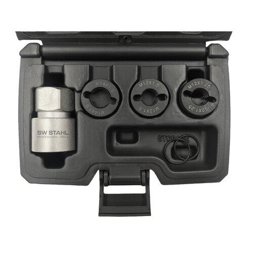 Kit de reparații filete exterioare SW-Stahl SW02371L, compatibil cu dimensiunile M12 x 1.25, M12 x 1.50 și M14 x 1.50, include cutie de depozitare și transport
