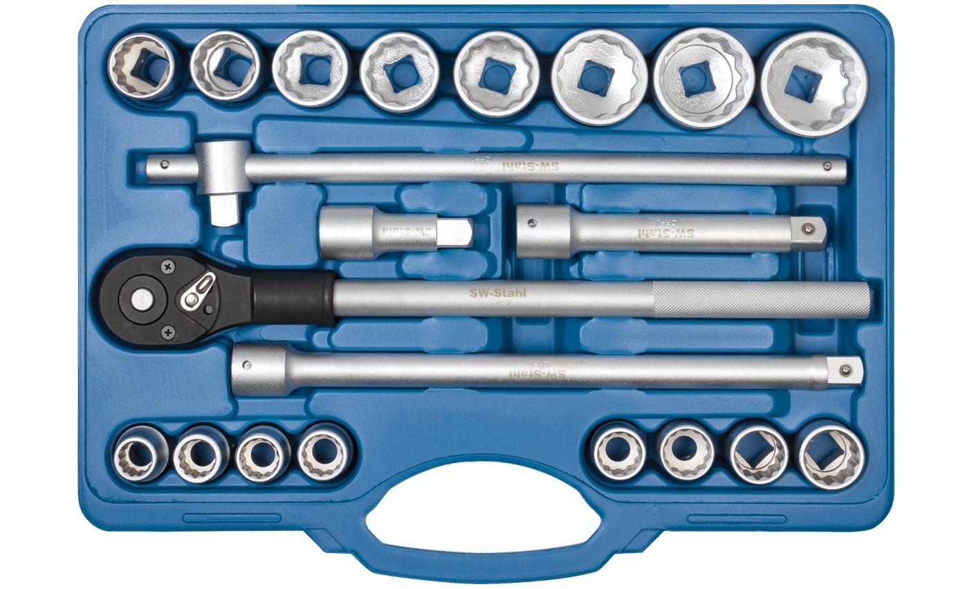 Set de 21 chei tubulare SW-Stahl SW07663L cu clichet și bară de forță, prindere de 3/4 inch, dimensiuni chei 19-50 mm, din oțel crom-vanadiu
