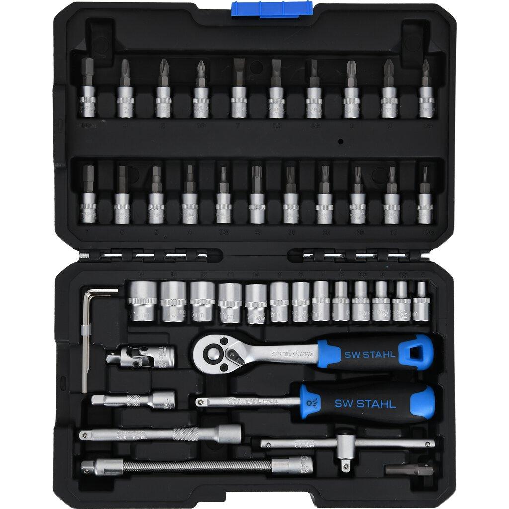 Set de 48 de unelte SW-Stahl SW07748L: Cheie cu clichet de 1/4 inch, capete tubulare de 4-14 mm, biți de înșurubare, adaptoare și prelungitoare, în cutie de plastic
